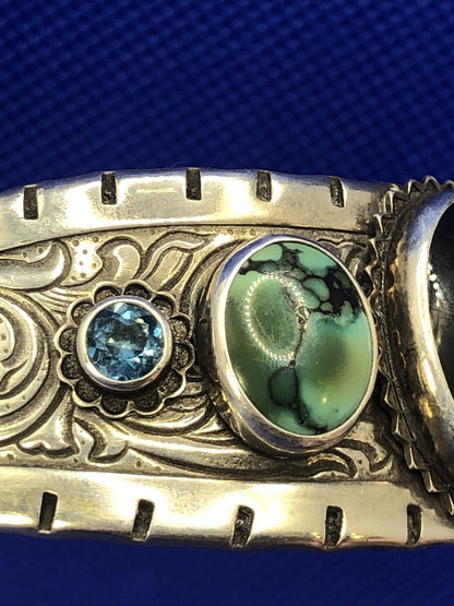 Sterling Silver Multi Stone Life is Good Scroll Design Wavy Open Cuff Bracelet