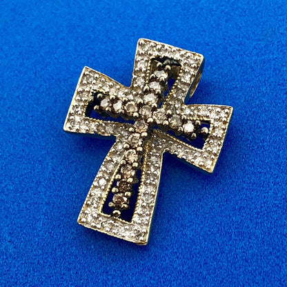 Designer 14K Yellow Gold White Champagne Diamond Statement Cross Pendant