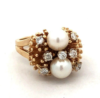 Designer EAG 14K Yellow Gold Round Pearl Diamond Textured Dome Statement Ring