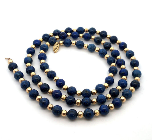 Designer 1/20 14K Yellow Gold & Lapis Lazuli Beaded Clasp Statement Necklace