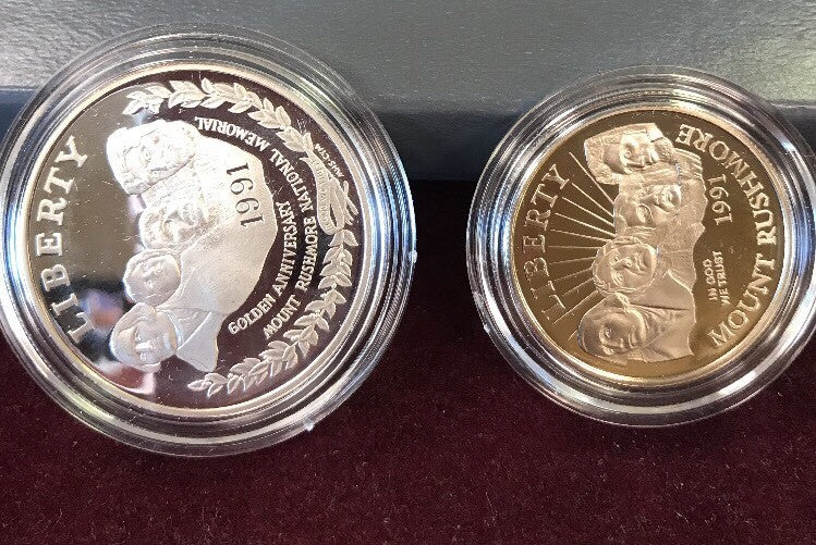 1991 S Mount Rushmore Anniversary 2 Coin 90% Silver Clad Proof Set OGP/COA
