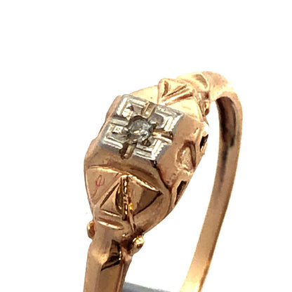 Vintage 10K Yellow Gold Round Diamond Solitaire Square Top Engagement Ring