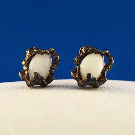 Native American Artisan Sterling Silver 14K Gold Opal Free Form Stud Earrings