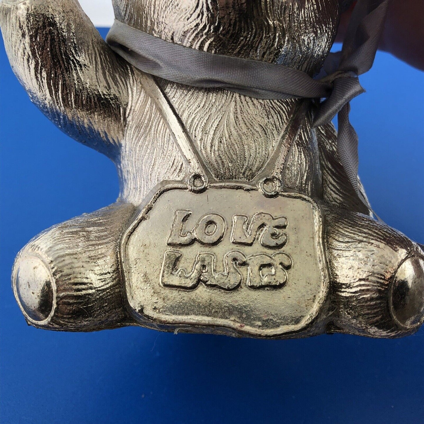 Vintage Silverplate Teddy Bear Love Lasts Blue Ribbon Money Coin Bank