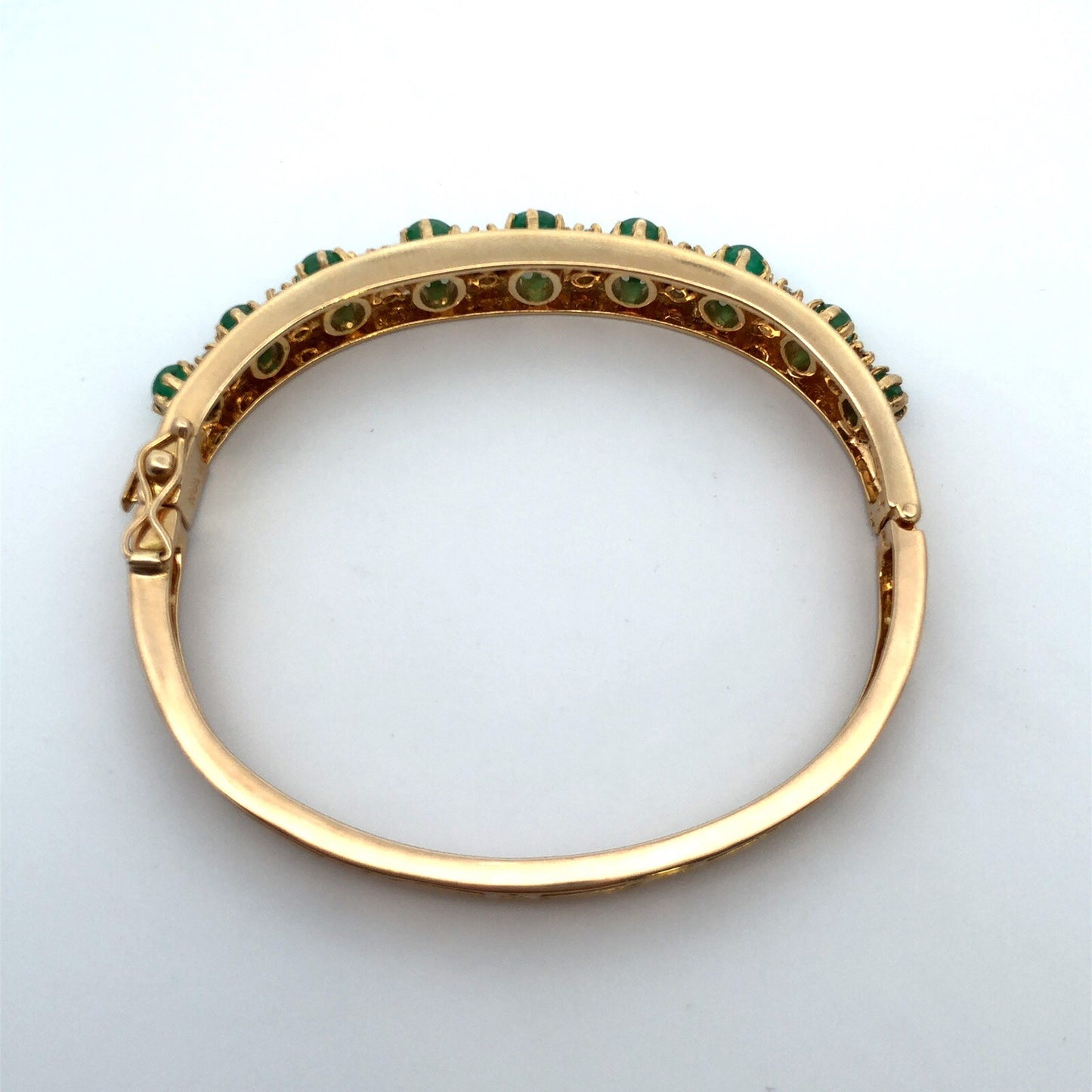 Designer 14k Yellow Gold Cabochon Emerald Diamond Hinged Cuff Bangle Bracelet