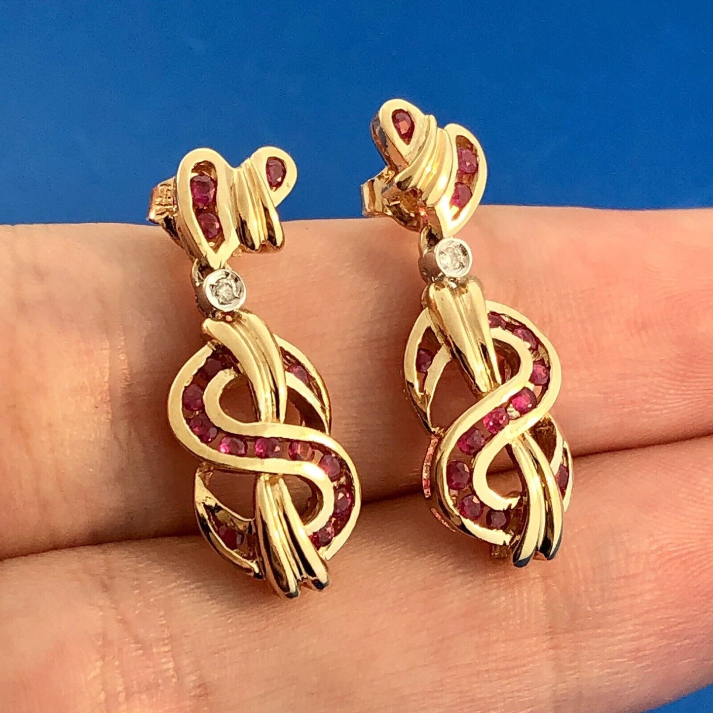 Designer 14K Yellow Gold Ruby Diamond Abstract Heart Inifinity Dangle Earrings