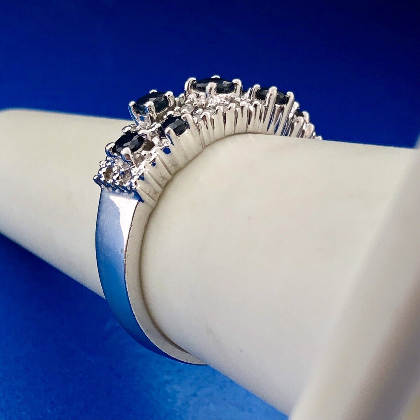 Designer Samuel Aaron THL 10K White Gold Sapphire Diamond Three Row Band Ring