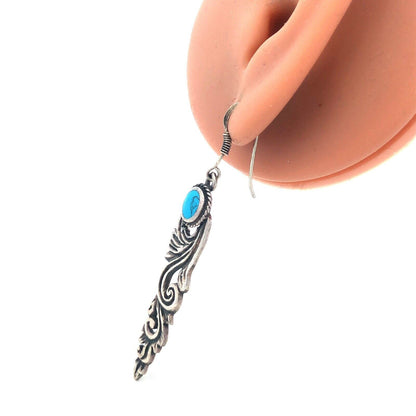 Vintage 925 Sterling Silver Turquoise Cabochon Scroll Dangle Drop Hook Earrings