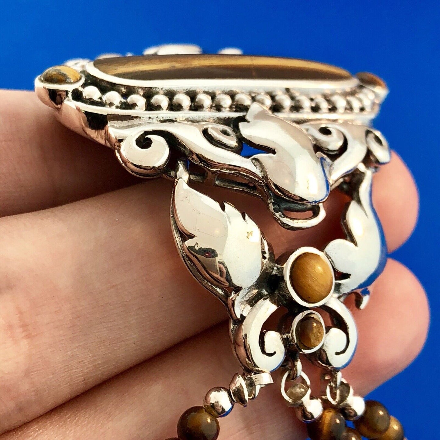 Retro 925 Sterling Silver Tiger Eye Beaded Open Scroll Work Statement Bracelet