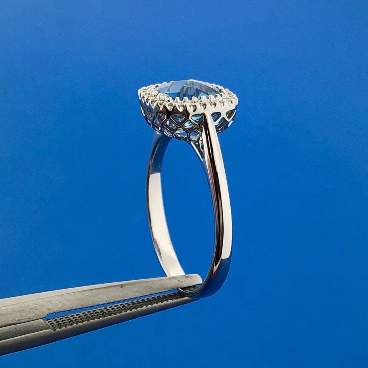 18K White Gold Square Blue Topaz Diamond Halo December Anniversary Ring