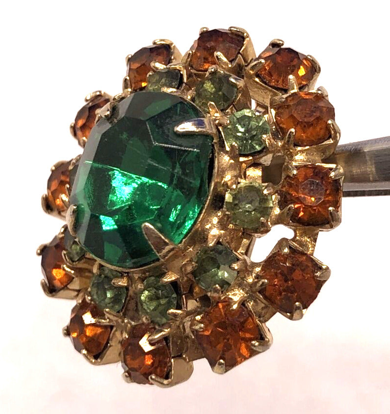 Vintage Gold-Tone Green & Orange Rhinestone Statement Clip Earrings Brooch Set
