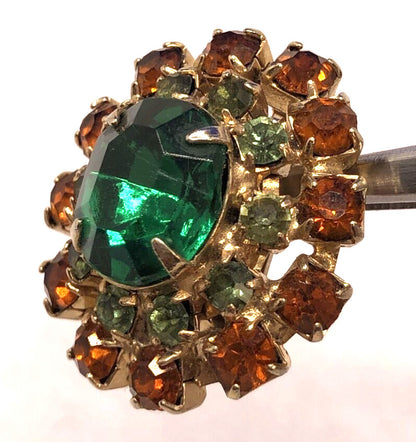 Vintage Gold-Tone Green & Orange Rhinestone Statement Clip Earrings Brooch Set