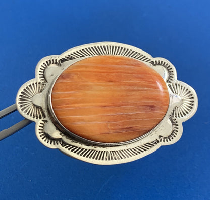 Native American Sterling Silver Oval Orange Spiny Turquoise Concho Pin Brooch