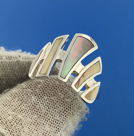 Designer LS Sterling Silver 925 Multi-Color Abalone Modernist Cocktail Ring