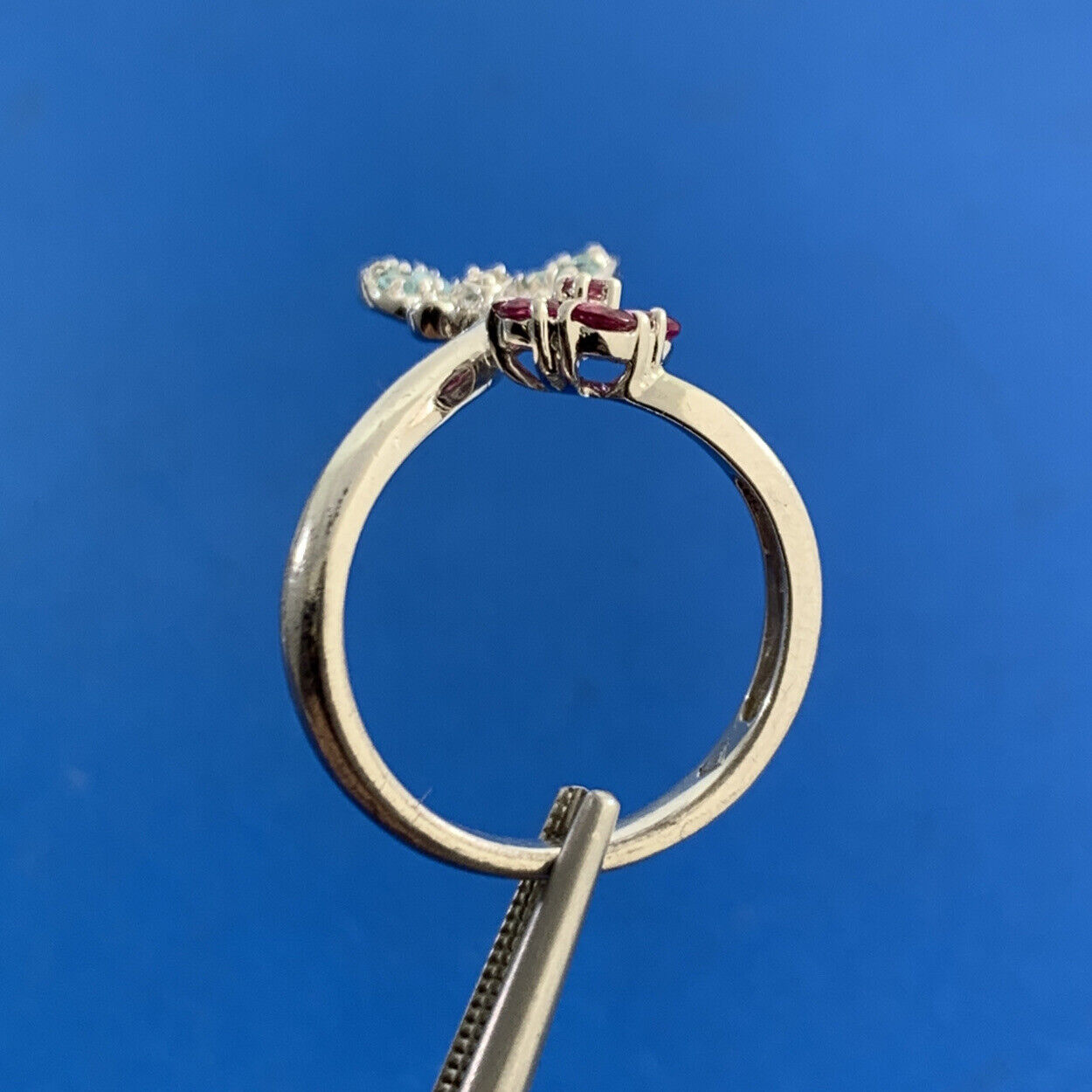 Designer Sterling Silver Pink Blue Cubic Zirconia Butterfly Flower Bypass Ring