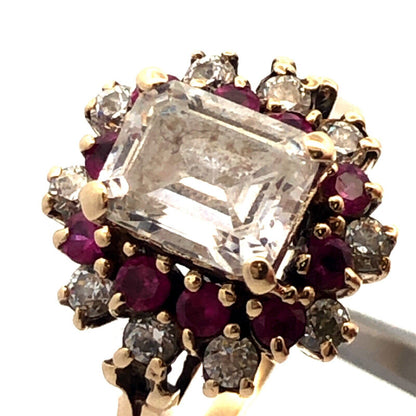 10K Yellow Gold ASC Emerald Cut White Tourmaline Ruby Halo Engagement Ring