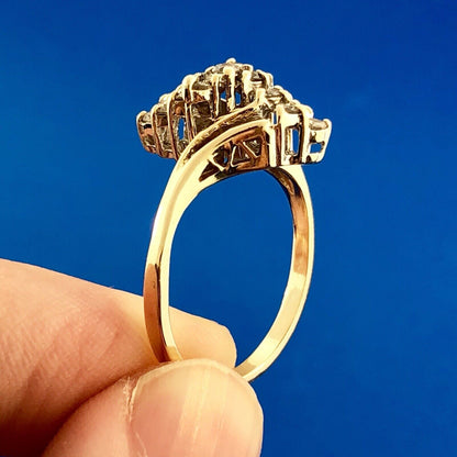 Retro 14K Yellow Gold Diamond Waterfall Cluster Bypass Anniversary Cocktail Ring