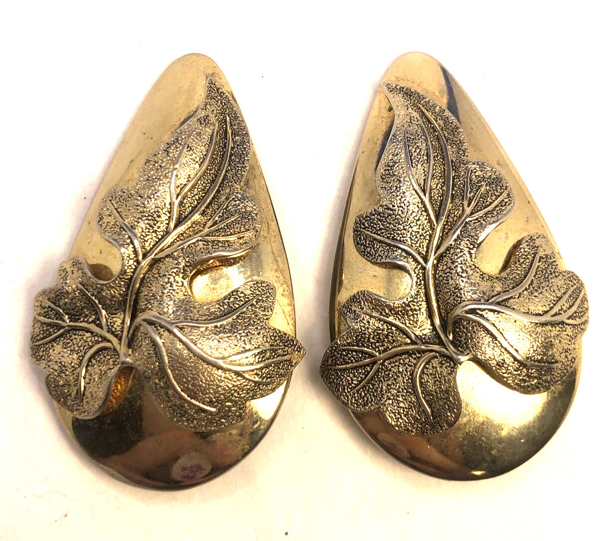 Estate Whiting & Davis Gold Tone Polished 3D Leaf Statement Clip On Earrings