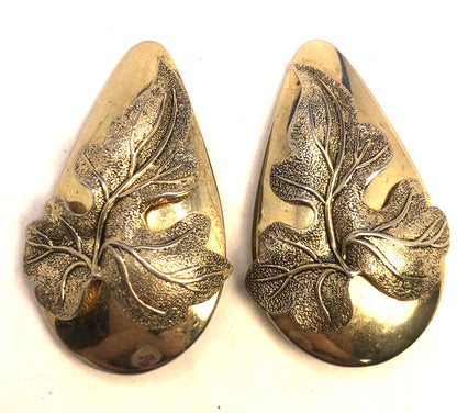 Estate Whiting & Davis Gold Tone Polished 3D Leaf Statement Clip On Earrings