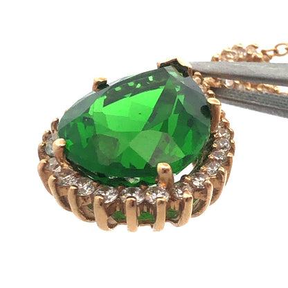Designer Stauer 10K Yellow Gold Green Pear CZ Halo Statement Pendant Necklace