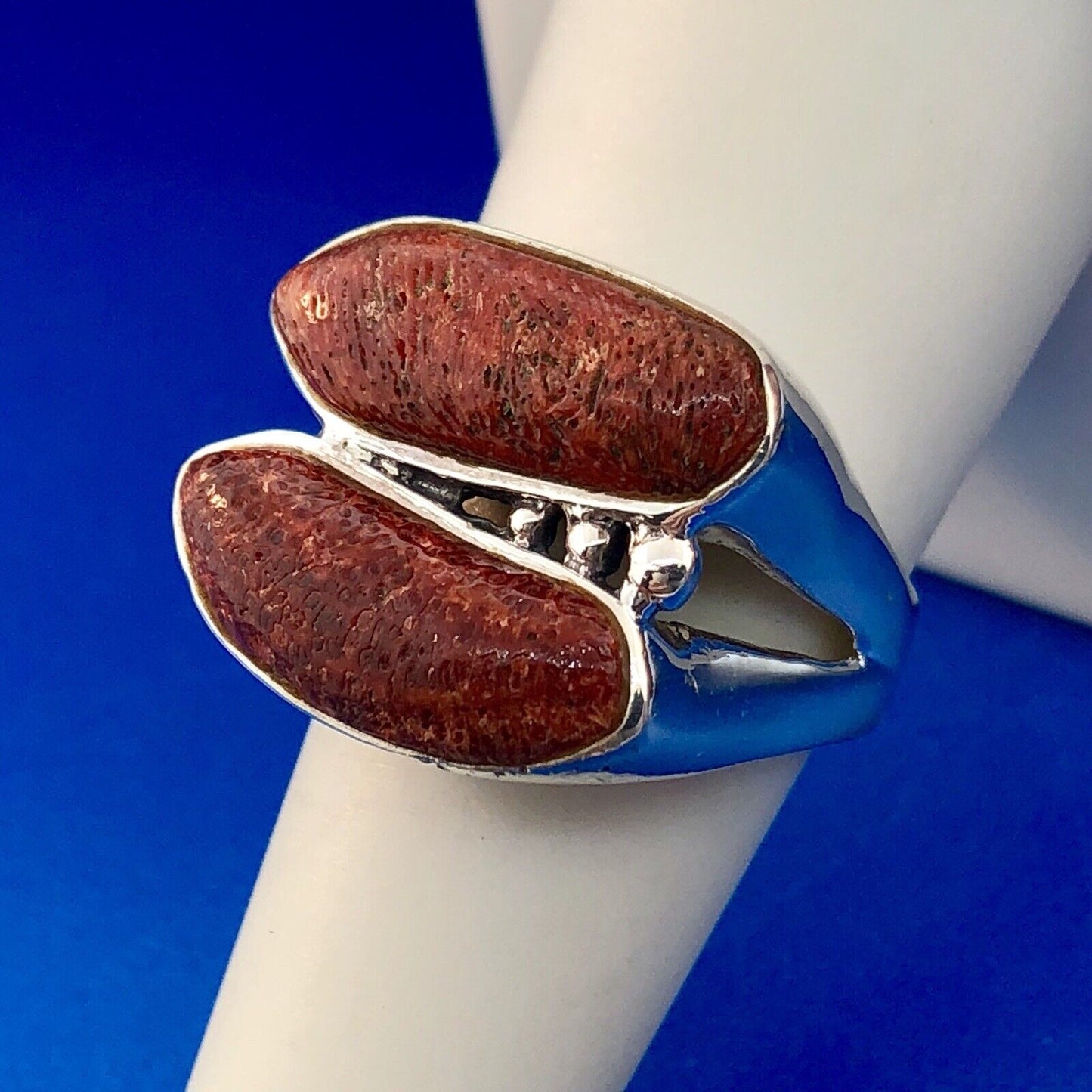 Designer CSX 925 Sterling Silver Red Coral Free Form Statement Double Dome Ring