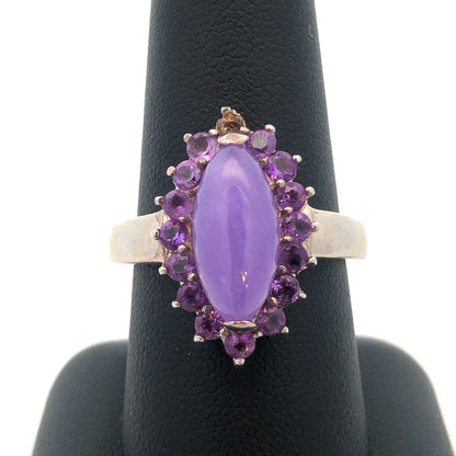 Vintage GSJ 925 Sterling Silver Marquise Purple Jade Amethyst Halo Cocktail Ring