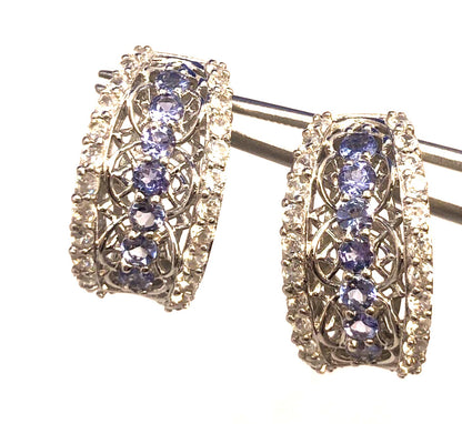 Designer 925 Sterling Silver Tanzanite & White Topaz Shrimp Style Stud Earrings