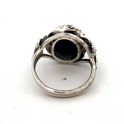 Vintage 925 Sterling Silver Oval Blue Lapis Lazuli Clover Textured Dome Ring