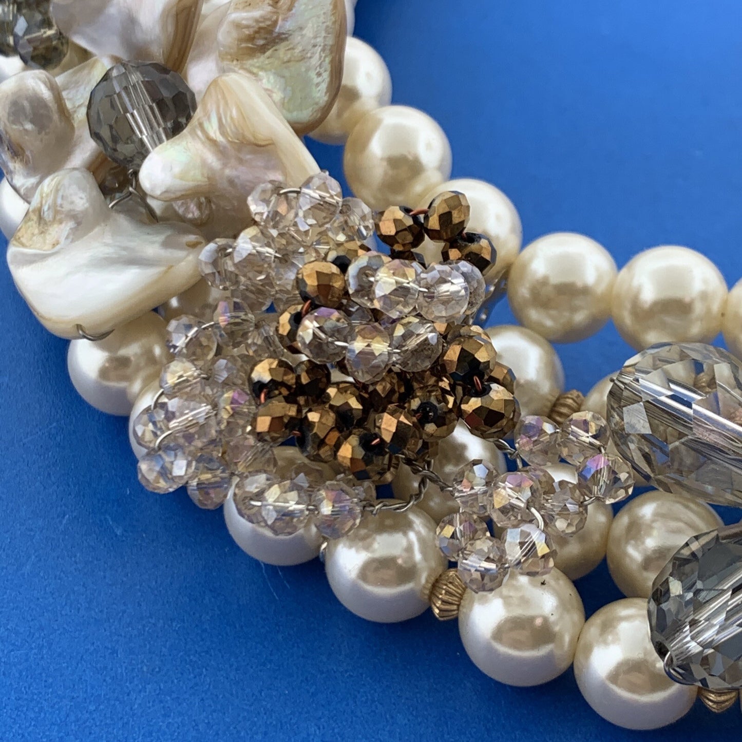 Vtg Artisan Gold Tone Abalone Faux Pearl Crystal Bead Statement Collar Necklace