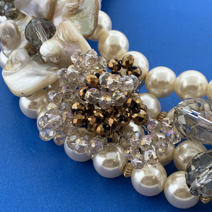 Vtg Artisan Gold Tone Abalone Faux Pearl Crystal Bead Statement Collar Necklace