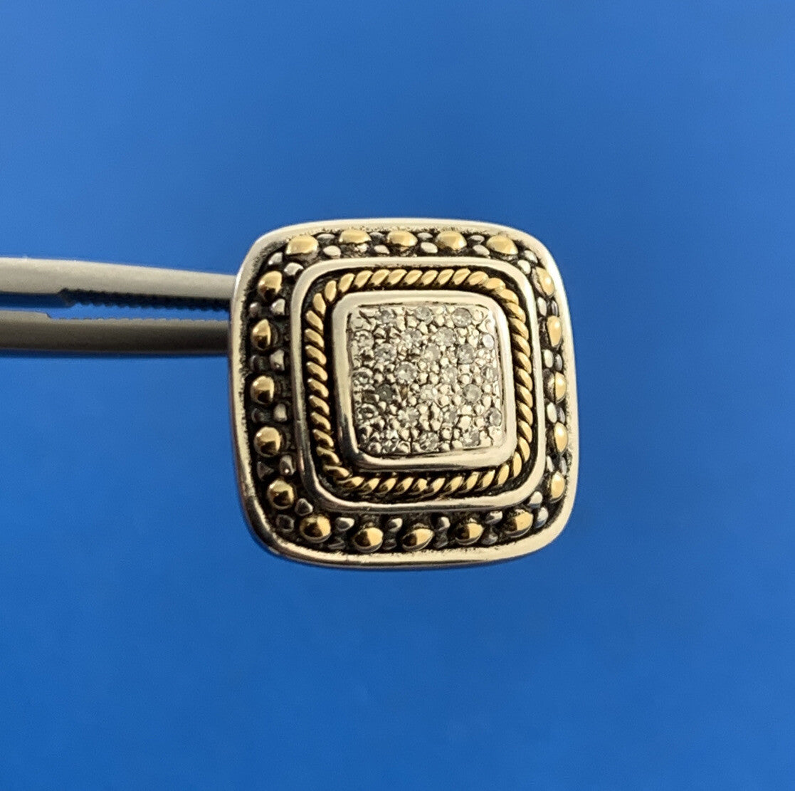 Designer EFFY Sterling Silver 18K Gold Pave Diamond Square Omega Back Earrings