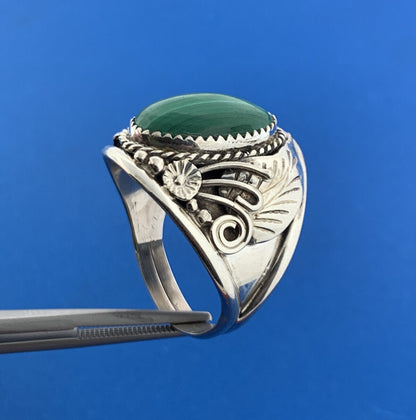 Navajo Lorraine Spencer 925 Sterling Silver Malachite Unisex Squash Blossom Ring