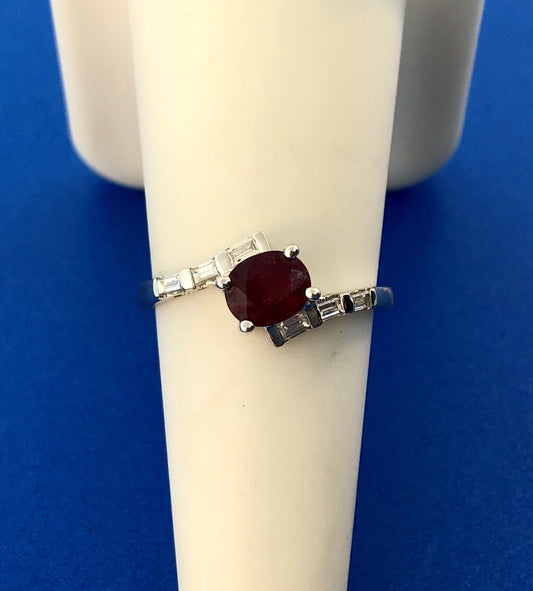 Estate Designer 14K White Gold Ruby Diamond July Anniversary Bypass Ring