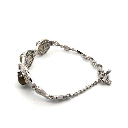 Designer STS Karis Silver Plate Oval Labradorite Open Work Scroll Heart Bracelet