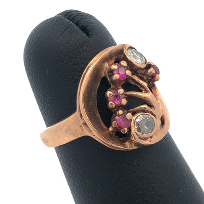 Vintage 14K Yellow Gold Diamond Ruby Free Form Cocktail Ring