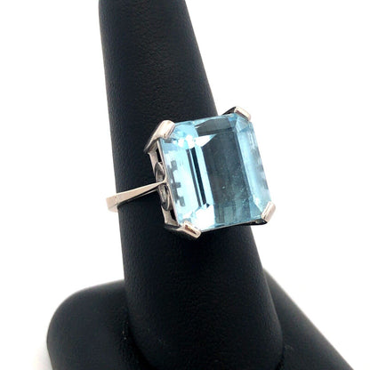 14K White Gold Large Emerald Cut Blue Topaz Solitaire Statement Ring