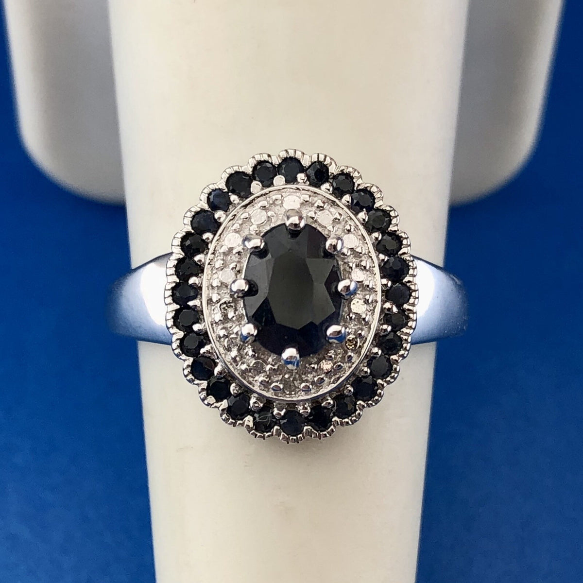 Desinger PAJ 925 Sterling Silver Oval Sapphire Halo September Anniversary Ring