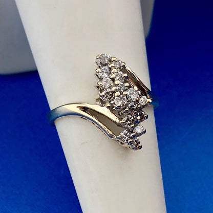 Retro 14K Yellow Gold Diamond Waterfall Cluster Bypass Anniversary Cocktail Ring