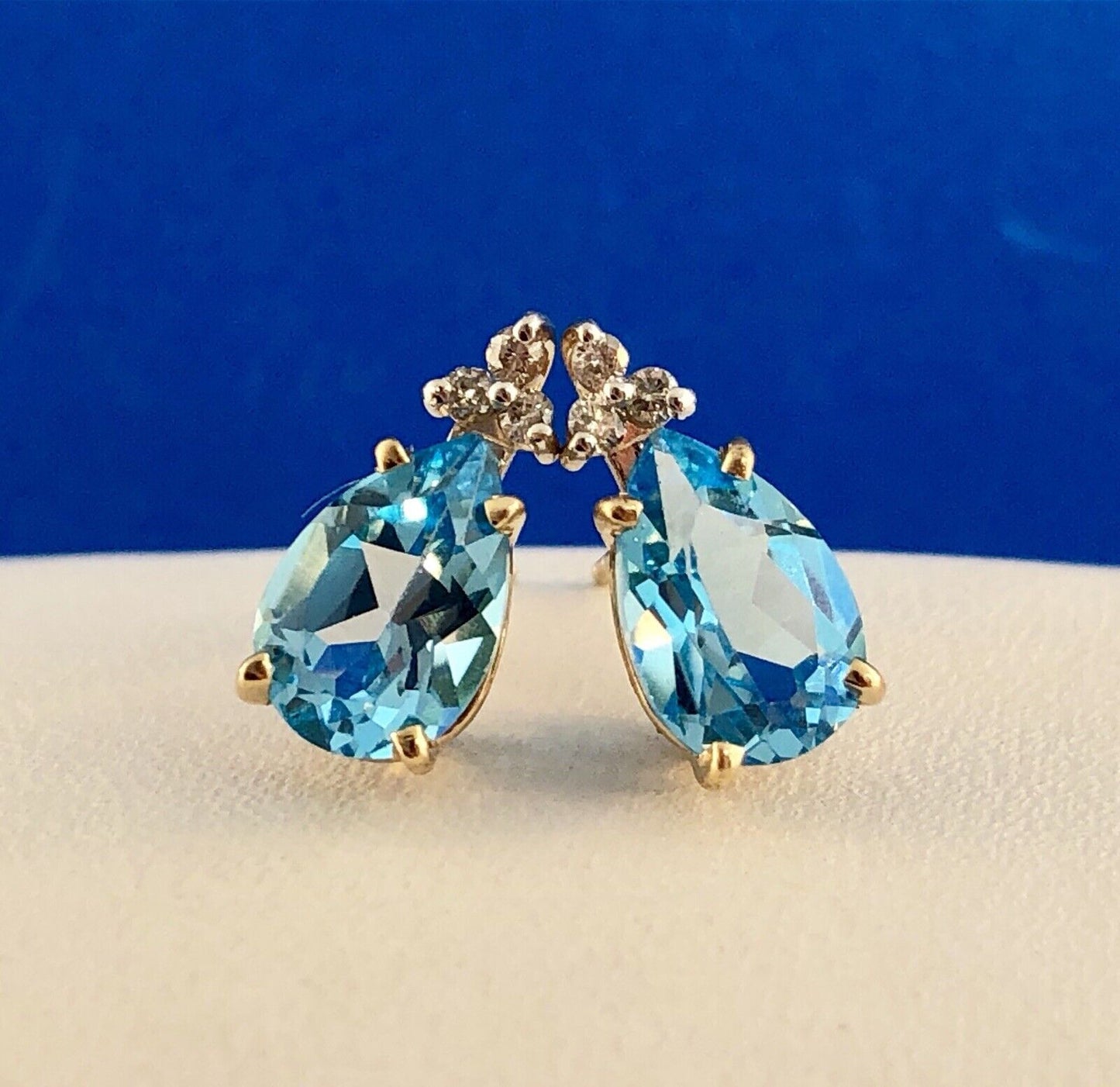 14K Yellow Gold Swiss Blue Topaz Diamond December Anniversary Pear Stud Earrings