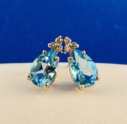 14K Yellow Gold Swiss Blue Topaz Diamond December Anniversary Pear Stud Earrings