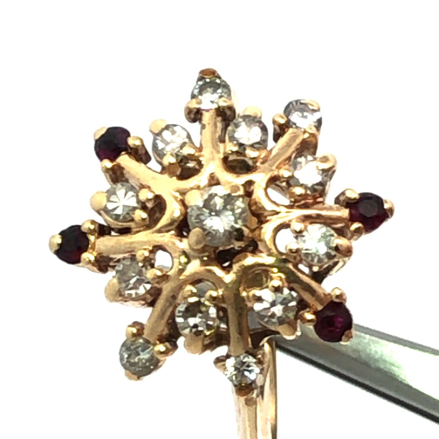 Designer 14K Yellow Gold Diamond Ruby Accent Starburst Snowflake Cocktail Ring