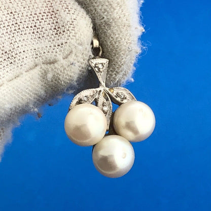 Mid Century 14K White Gold Pearl Trio Diamond Accented Wedding Drop Pendant