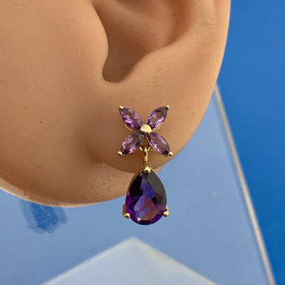 Designer Mexico 14K Yellow Gold Amethyst Dangle Drop Floral Flower Stud Earrings