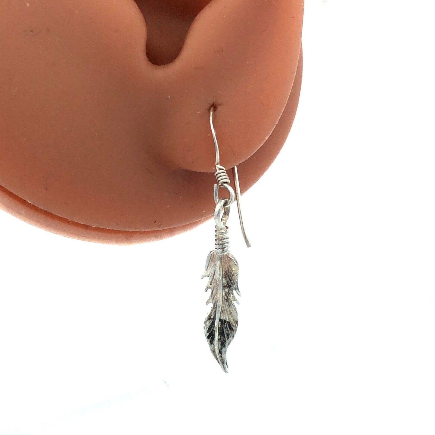 Native American 925 Sterling Silver Feather Drop Dangle Hook Earrings