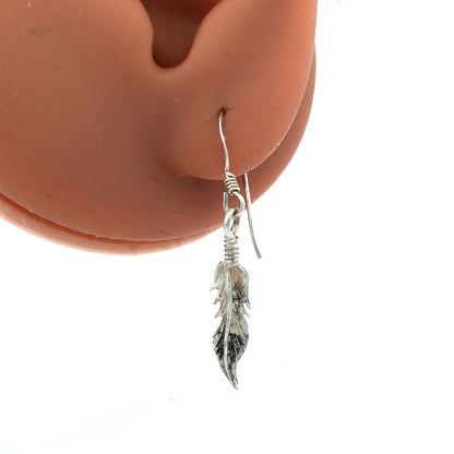 Native American 925 Sterling Silver Feather Drop Dangle Hook Earrings