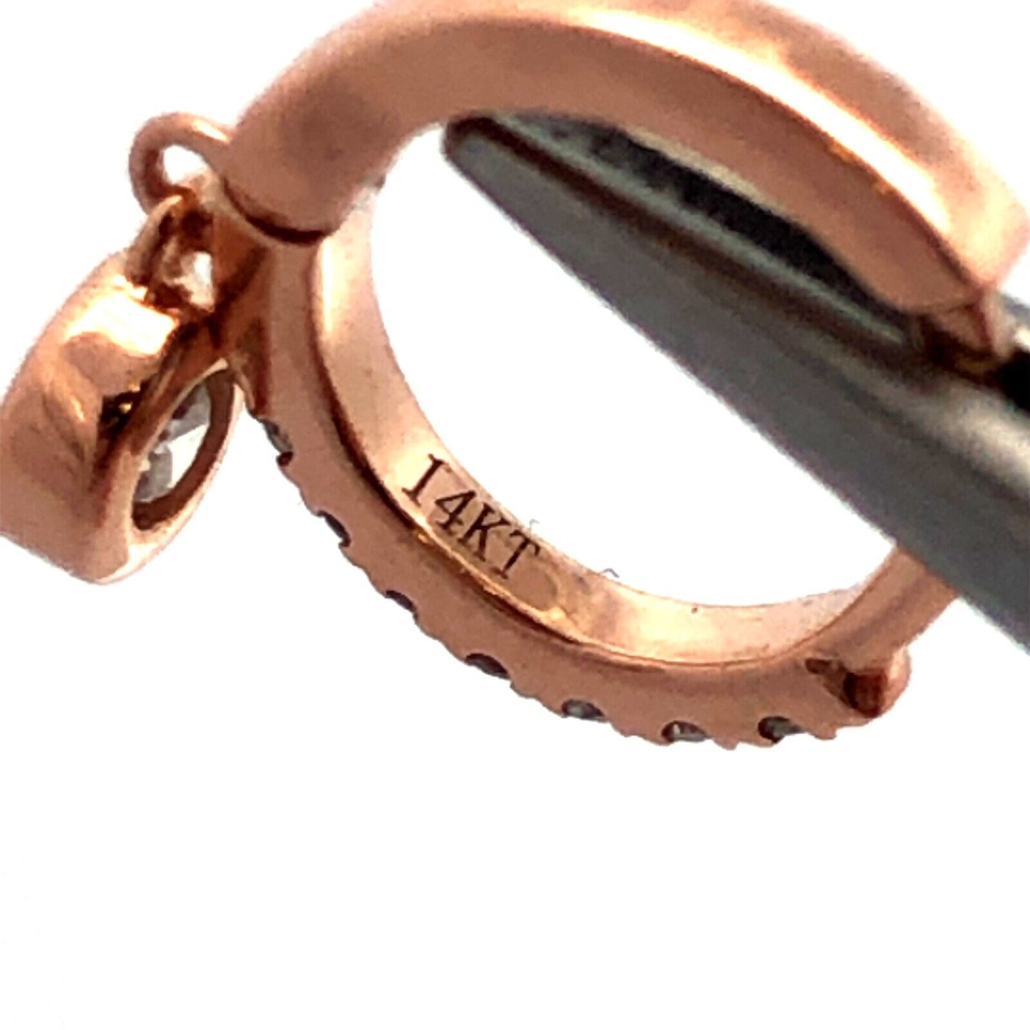 14KT Rose Gold Round Diamond Tiny Hinged Huggie Hoop Dangle Earrings