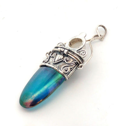 Vintage 925 Sterling Silver Iridescent Crystal Glass Snuff Filigree Box Pendant