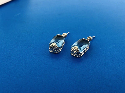 Sterling Silver Rectangle Blue Topaz Bead Scroll Work Statement Drop Earrings