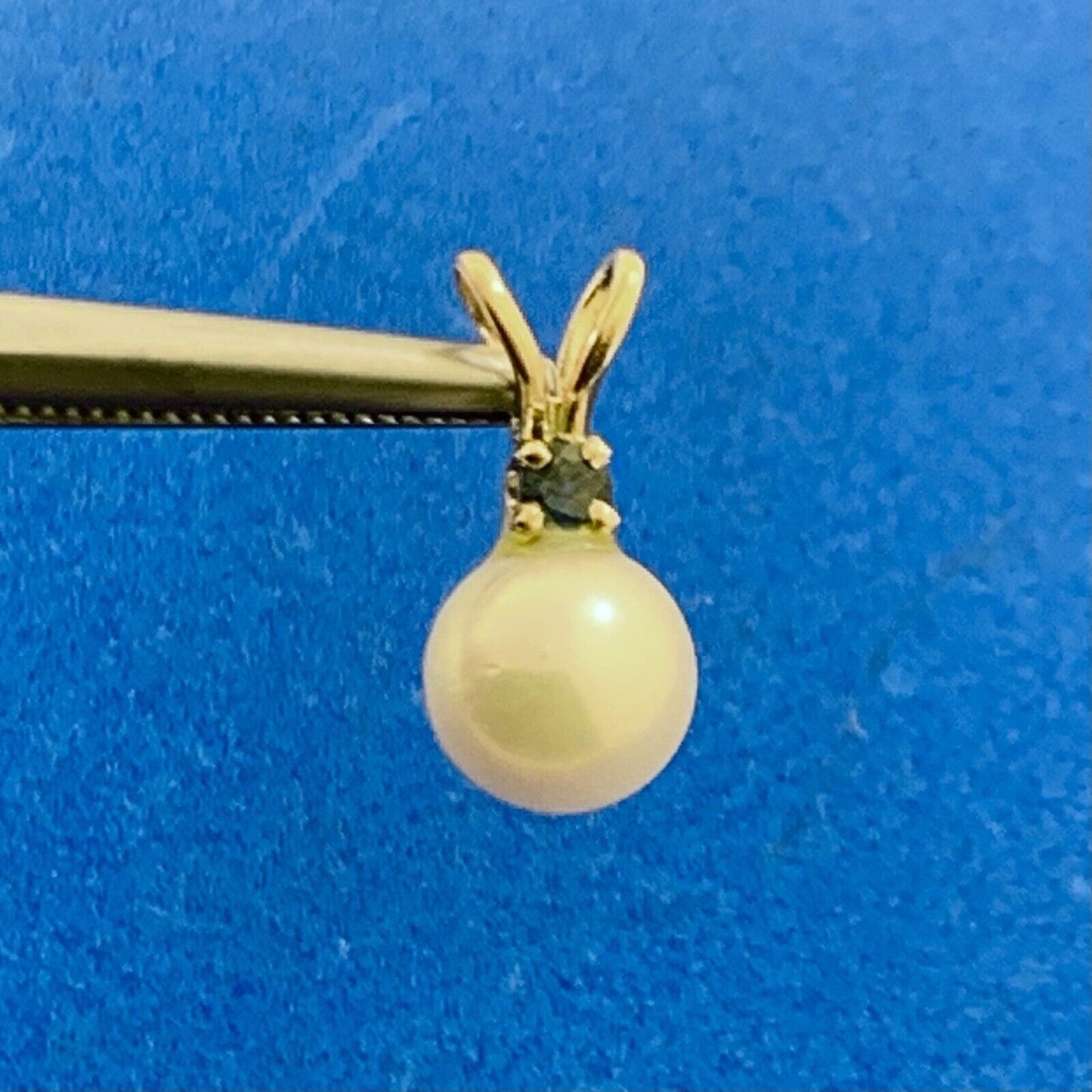 Designer 14K Yellow Gold Pearl Blue Sapphire Accent Drop Charm Pendant