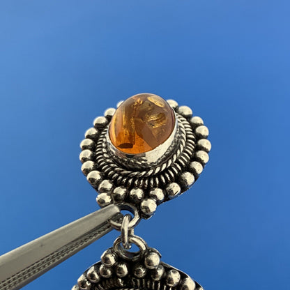 Vintage 925 Sterling Silver Oval Amber Cabochon Bead Work Drop Necklace